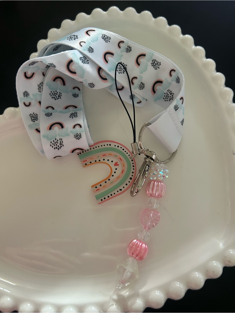 Rainbow Lanyard with Pink Bead and Rainbow Charm